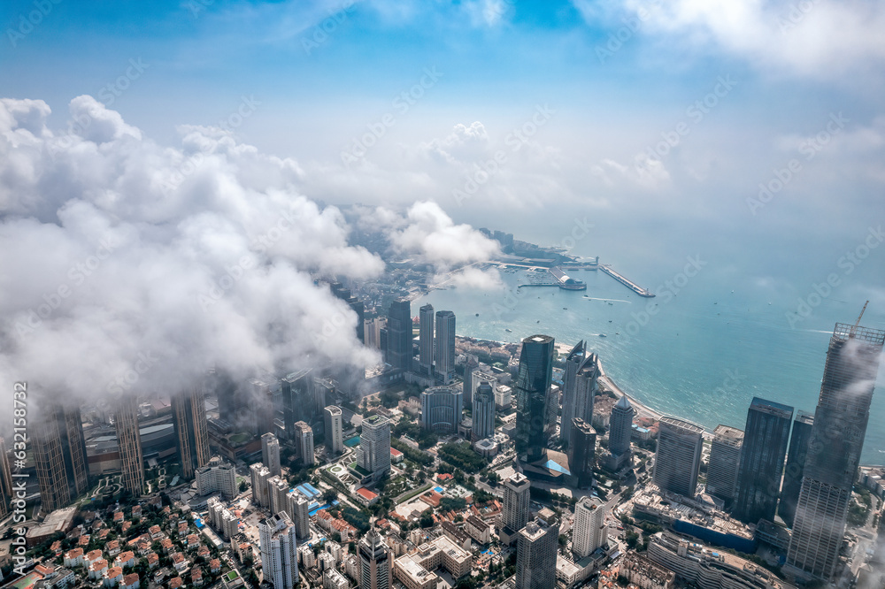 Aerospace Chinese coastal city landscape panoramic view