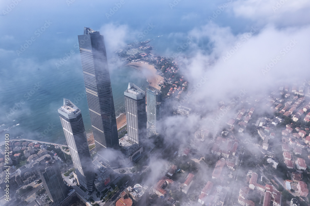 Aerospace Chinese coastal city landscape panoramic view