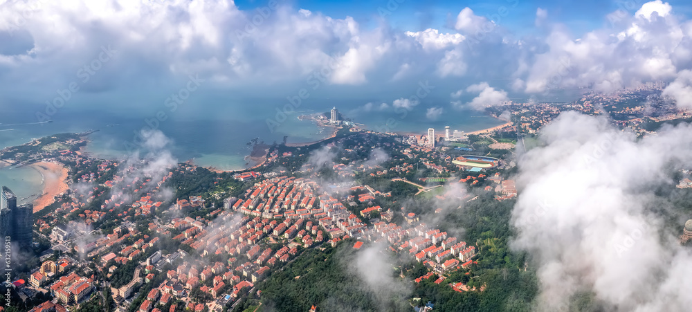 Aerospace Chinese coastal city landscape panoramic view