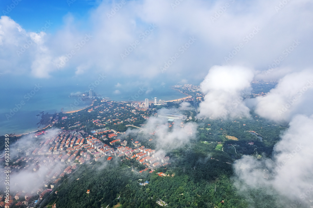 Aerospace Chinese coastal city landscape panoramic view