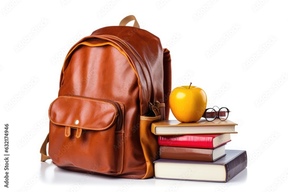 School bag and textbooks in front of a white background. Back to school concept.