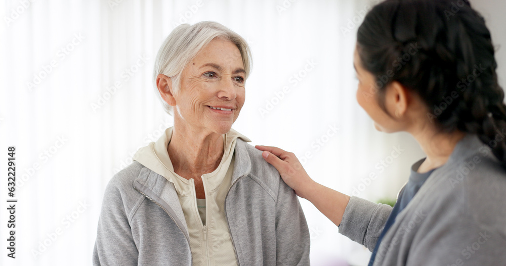 Consultation, physical therapy and senior woman with a nurse in a medical clinic or rehabilitation c