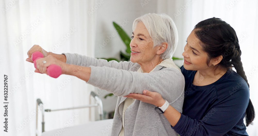 Woman, nurse and dumbbell with senior patient in physiotherapy, exercise or workout at old age home.