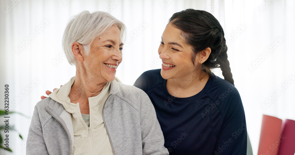 Happy, portrait of mom and grandmother in home with a smile for family, quality time or relax on mot