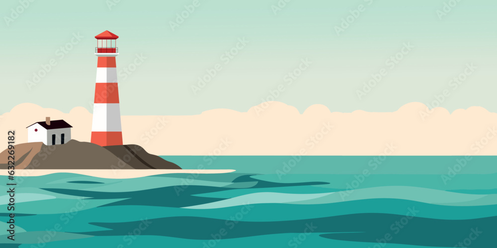 Lighthouse on ocean landscape. Lighthouse on sea coast in flast style. Summer beach. Vector stock