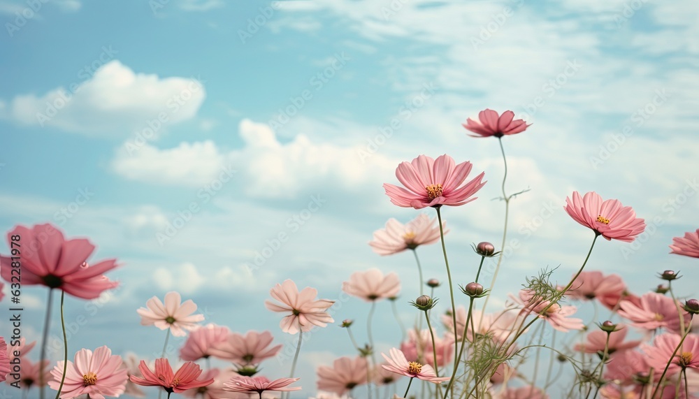 Macro close up photography of flowers on a blue sky background with clouds.