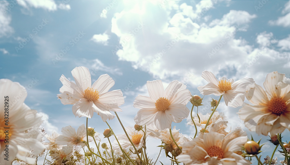 Macro close up photography of flowers on a blue sky background with clouds.