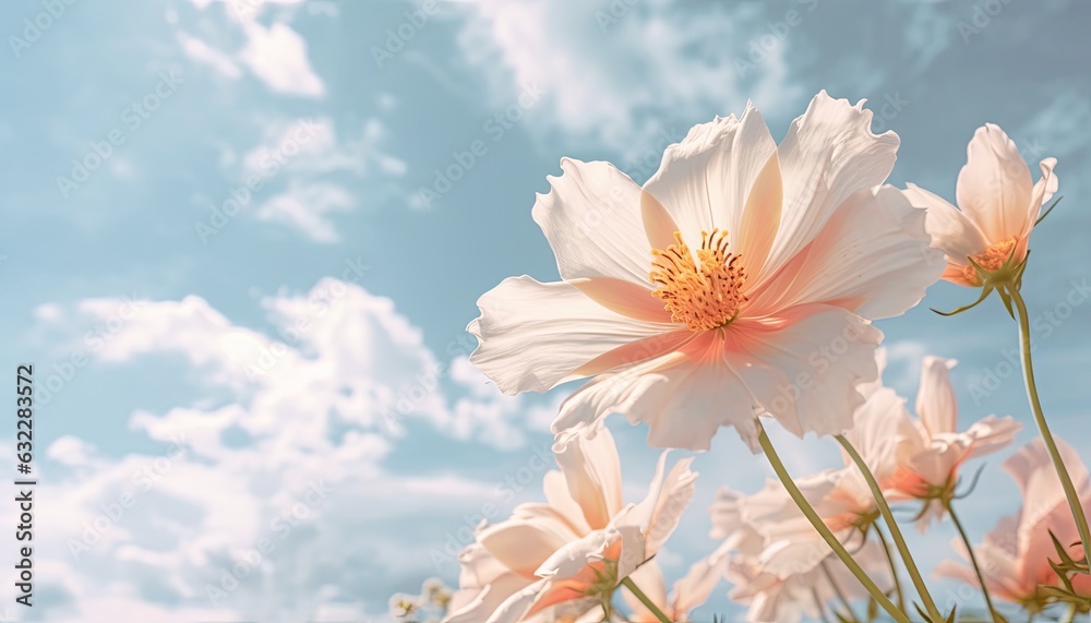 Macro close up photography of flowers on a blue sky background with clouds.