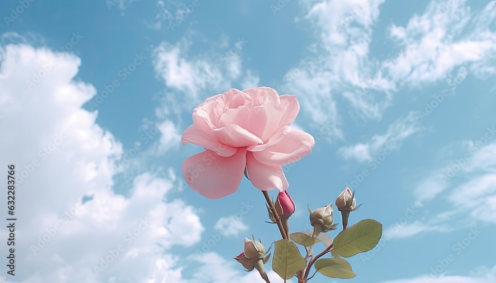 Macro close up photography of flowers on a blue sky background with clouds.