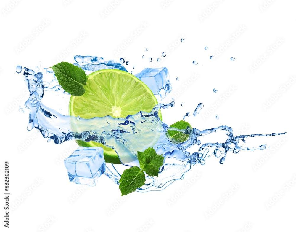 Flying juicy lime with cold ice, mint and splashing fresh water on white background