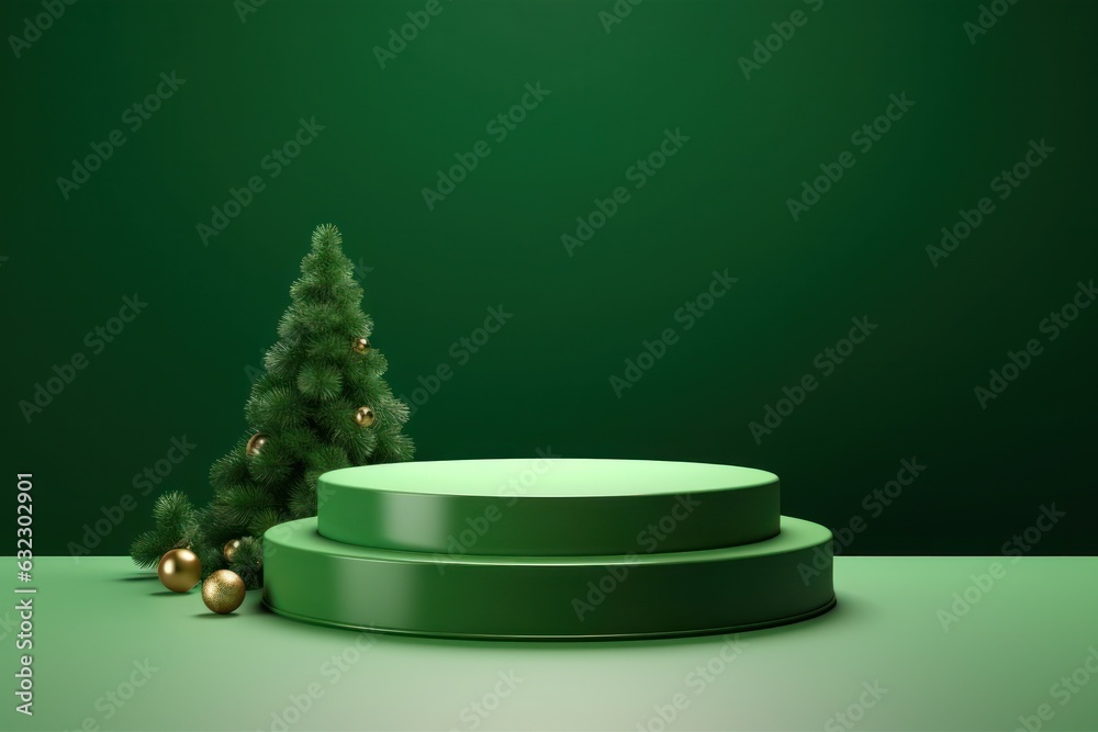 Green Christmas background with podium