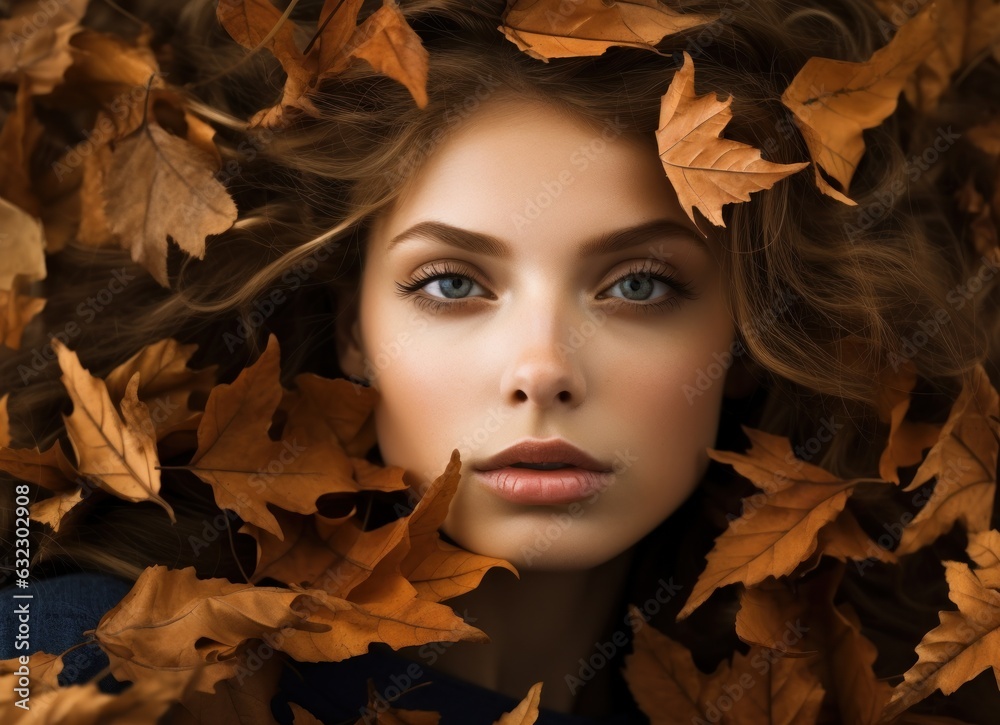 Woman portrait in autumn leaves