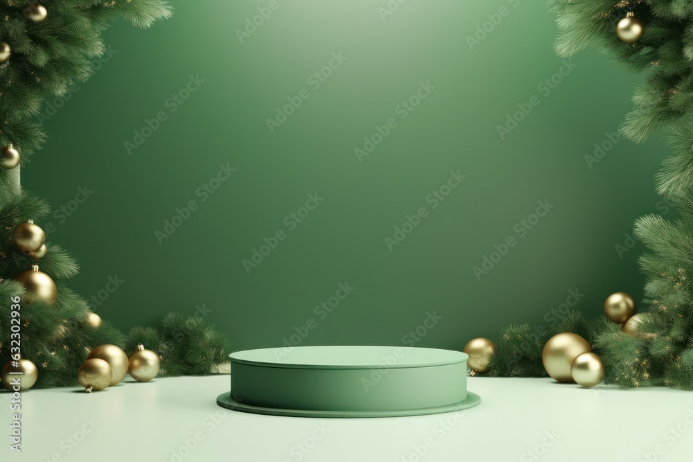 Green Christmas background with podium