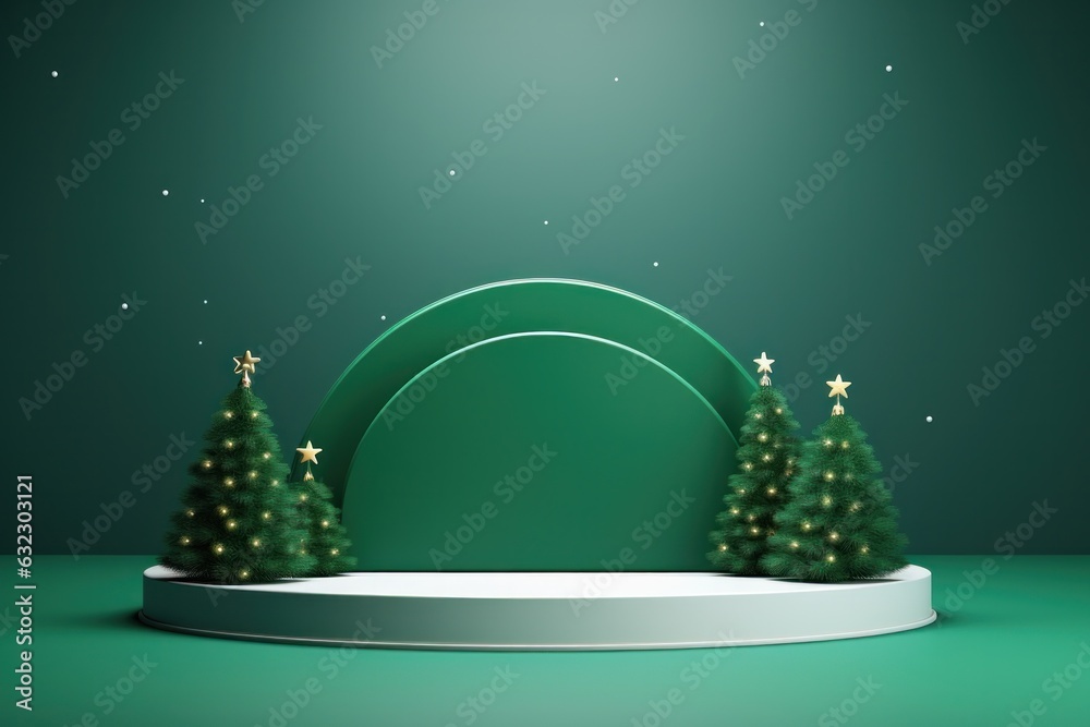 Green Christmas background with podium