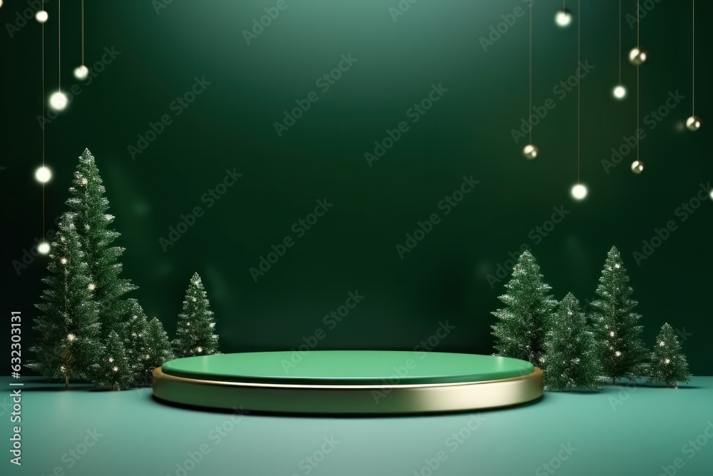 Green Christmas background with podium