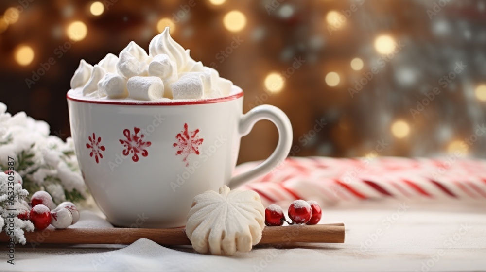 An amazing photo of gourmet hot cocoa in a beautiful Christmas mug