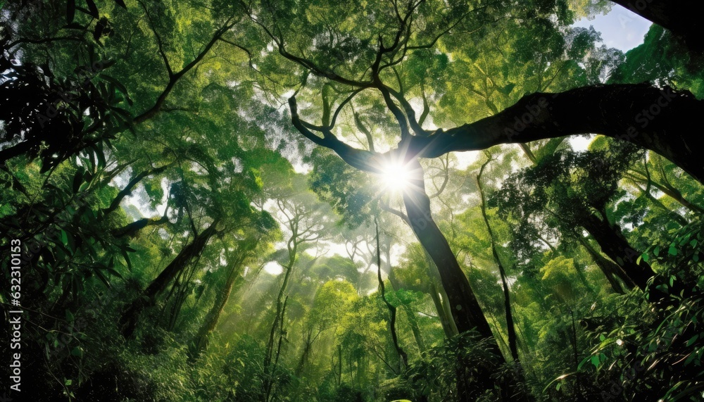 Green jungle rainforest tree canopy view from bottom to top.