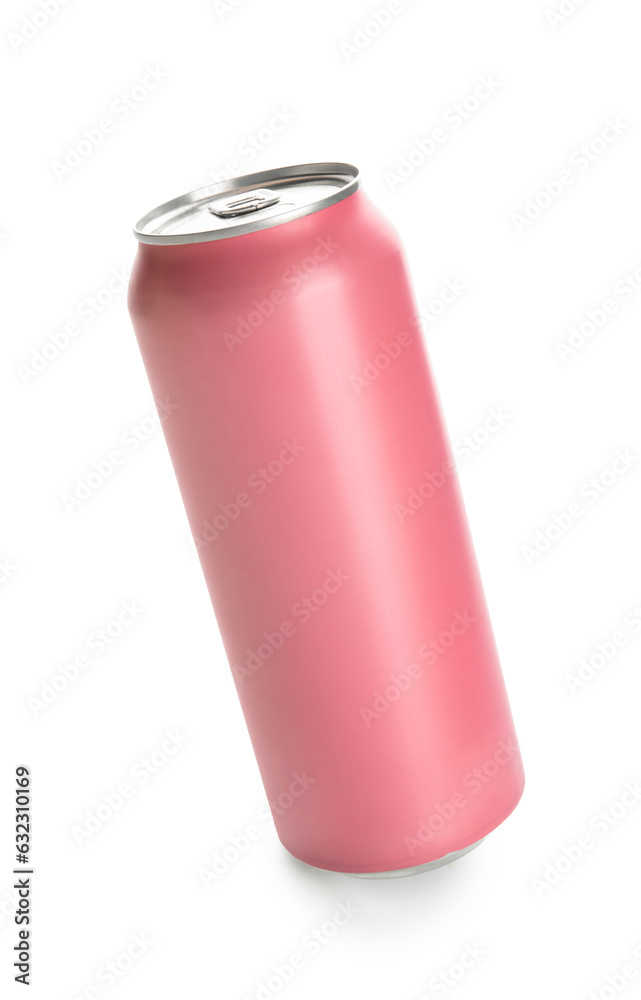 Pink can of fresh soda isolated on white background