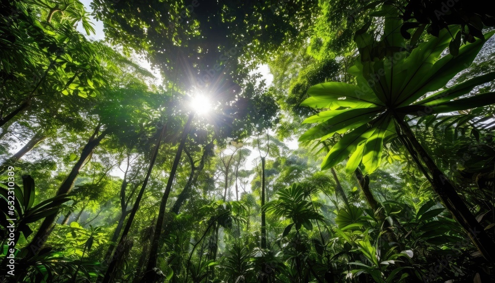 Green jungle rainforest tree canopy view from bottom to top.