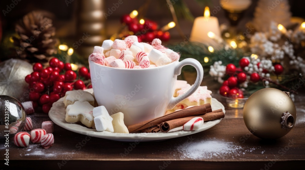 An amazing photo of gourmet hot cocoa in a beautiful Christmas mug