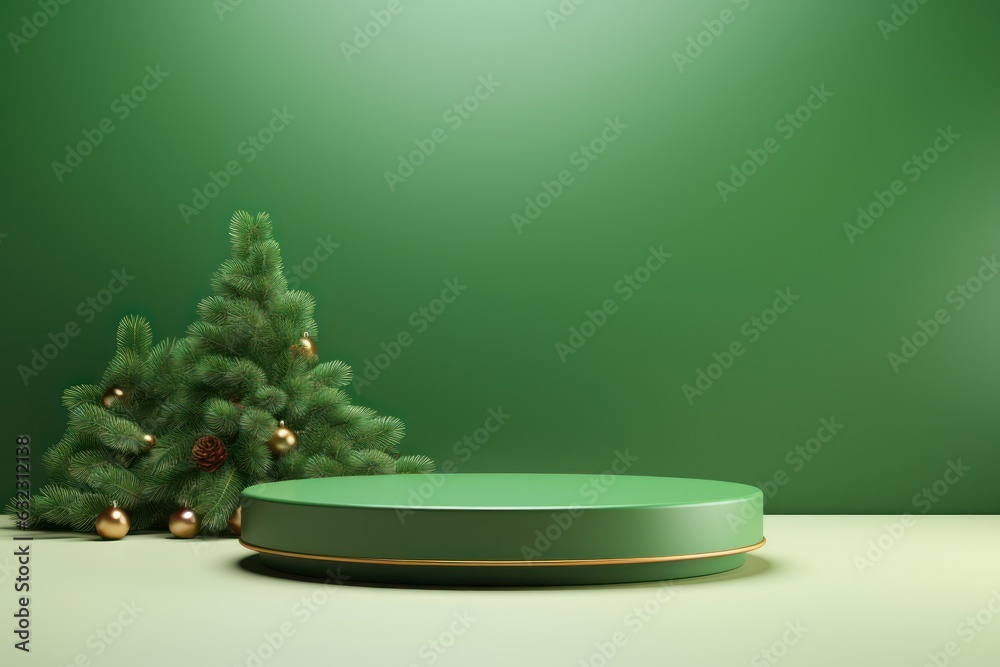 Green Christmas background with podium