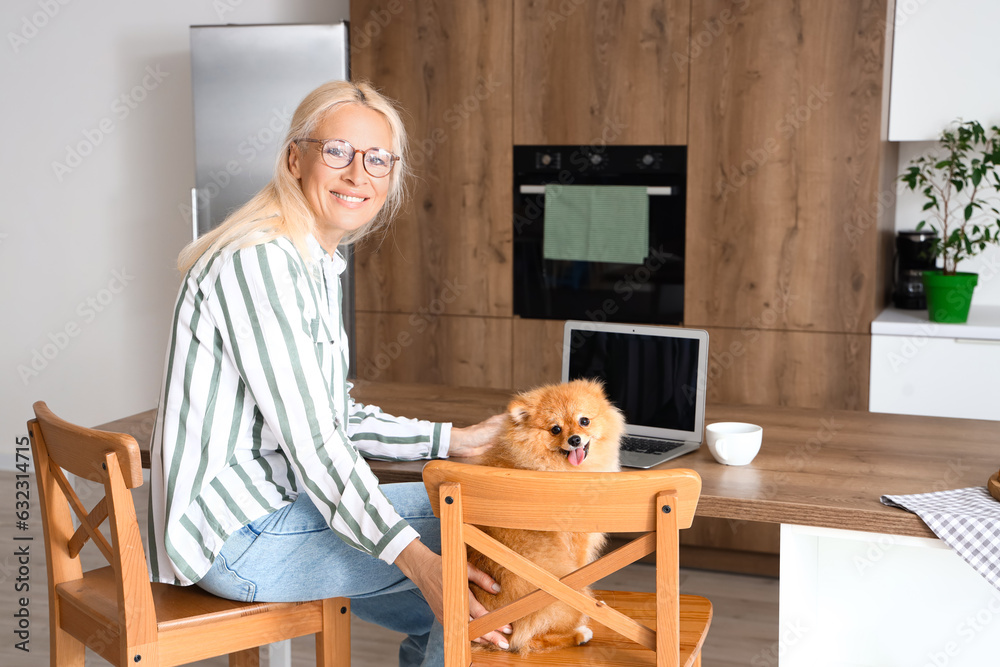 Mature woman with Pomeranian dog using laptop in kitchen