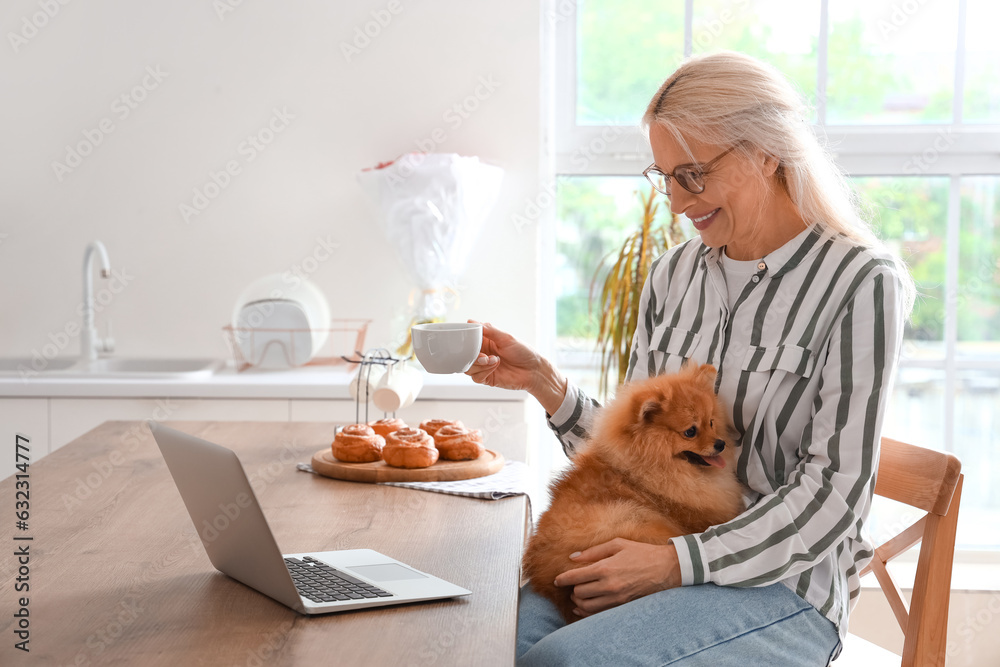 Mature woman with Pomeranian dog and cup of coffee using laptop in kitchen