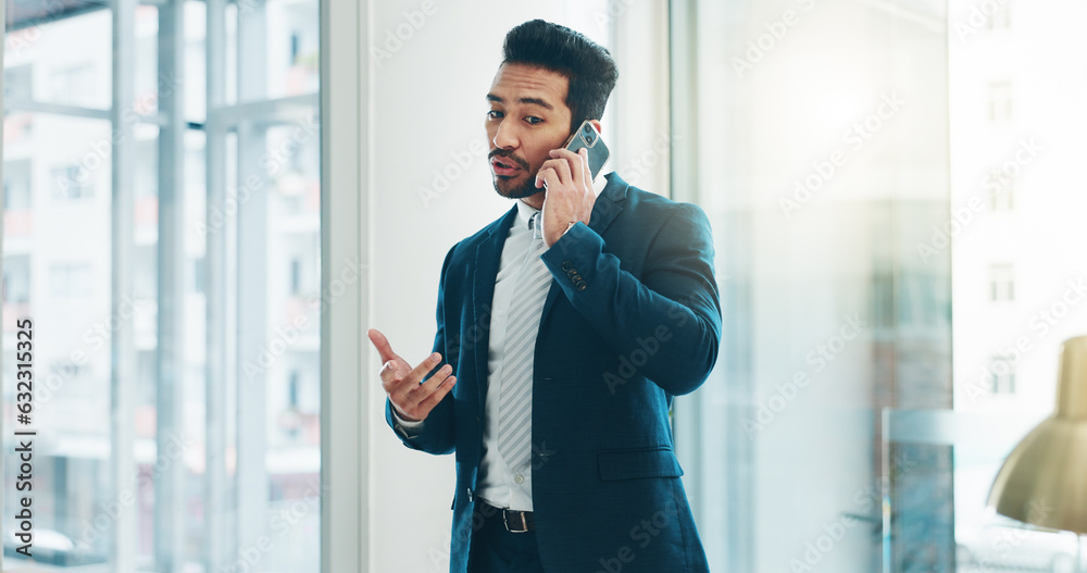 Business, asian man and phone call communication in office for feedback, negotiation and trading on 