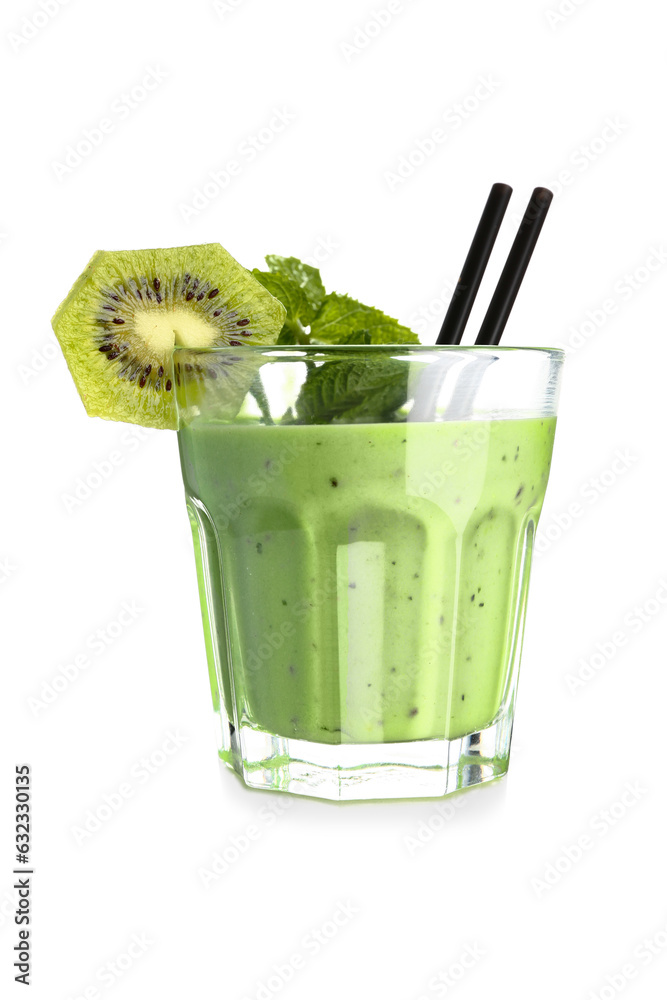 Glass of fresh kiwi smoothie with mint on white background