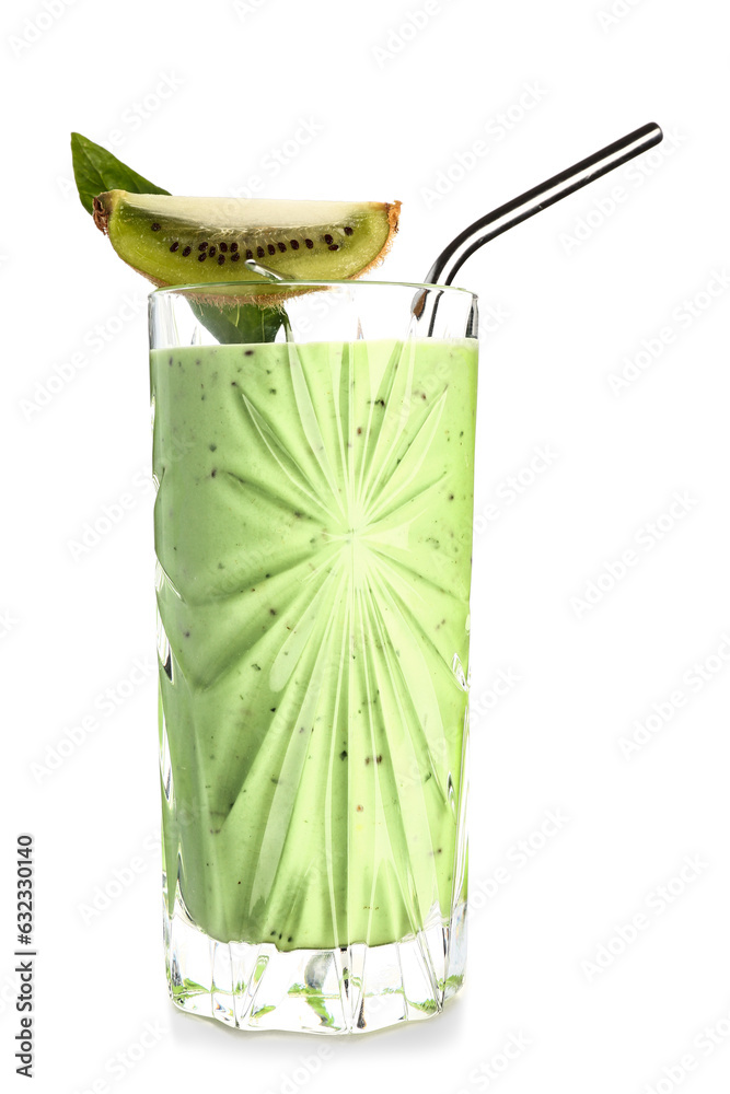 Glass of fresh kiwi smoothie on white background