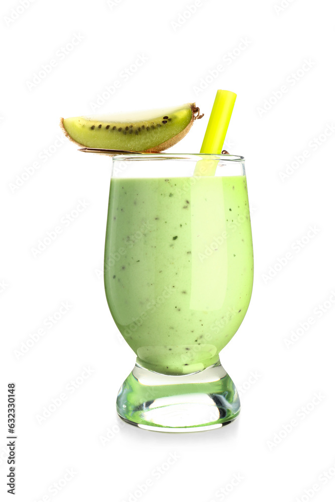 Glass of fresh kiwi smoothie on white background