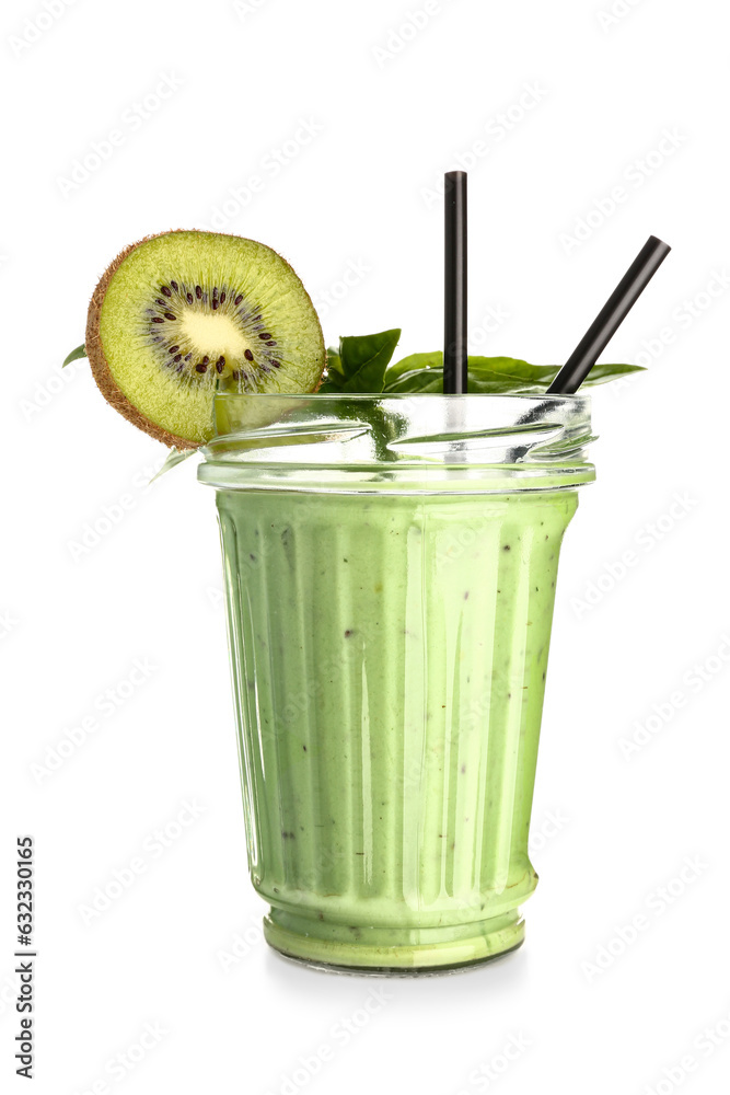 Glass of fresh kiwi smoothie with mint on white background