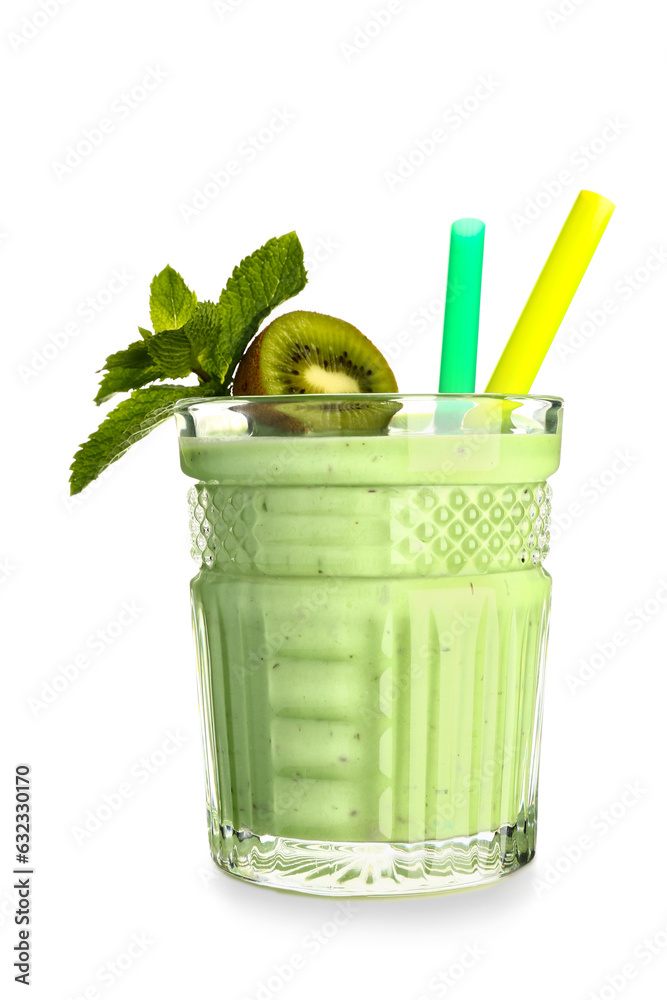 Glass of fresh kiwi smoothie with mint on white background