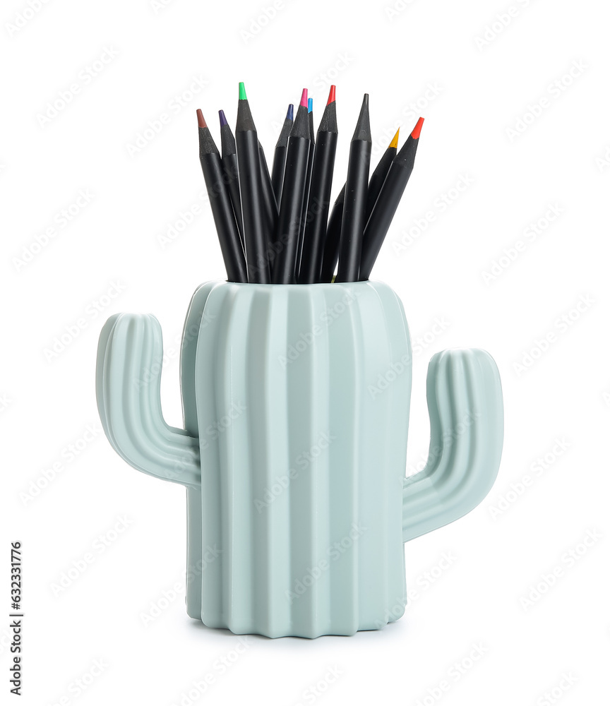 Holder in shape of cactus with color pencils on white background