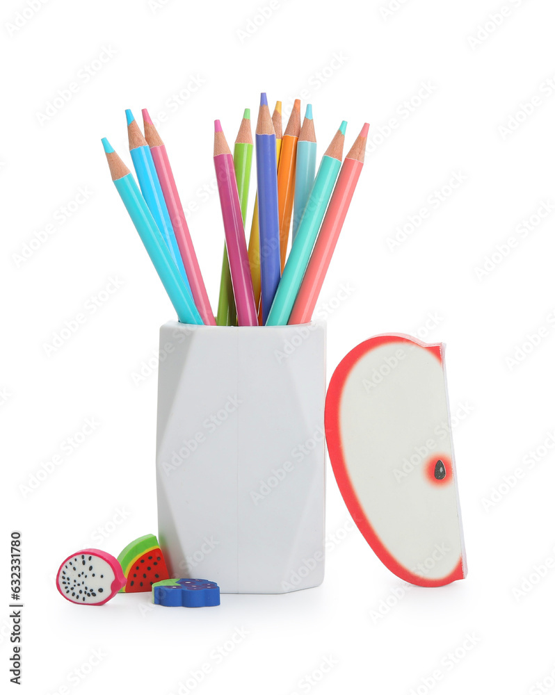 Holder with different color pencils, sticky notes and erasers on white background