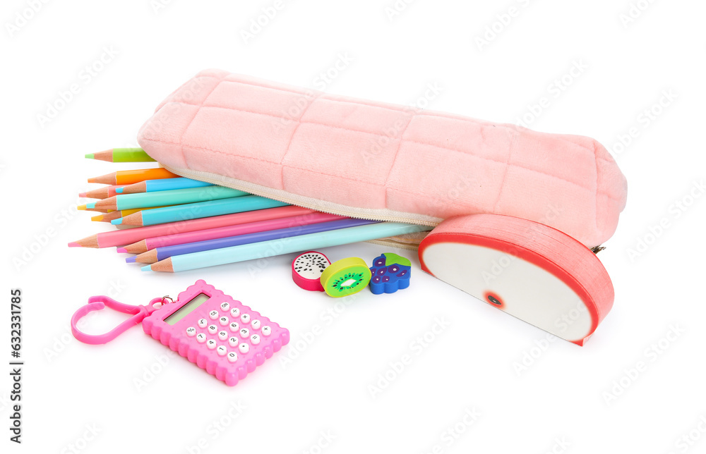 Pencil case with different stationery isolated on white background