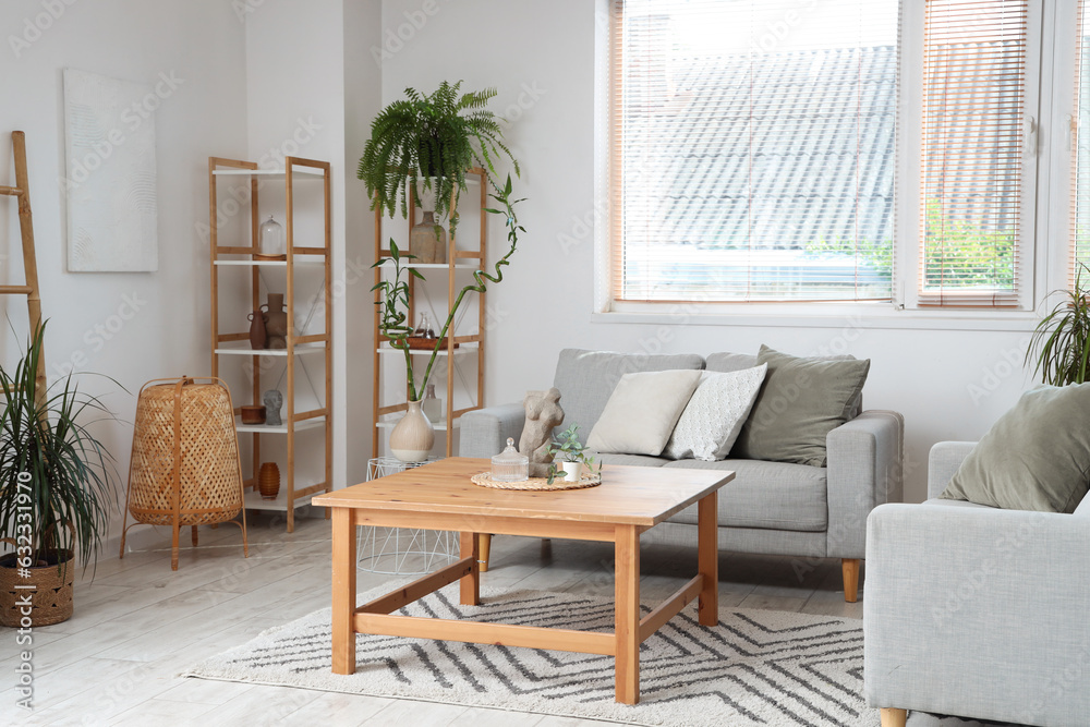 Interior of light living room with sofas, table and houseplants