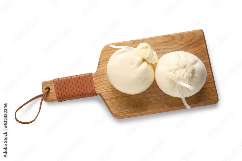 Wooden board with tasty Burrata cheese on white background