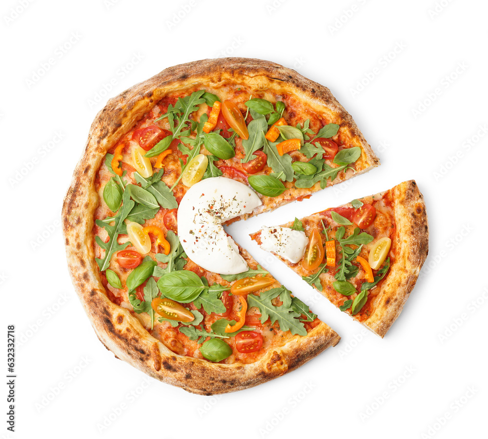 Tasty pizza with Burrata cheese on white background