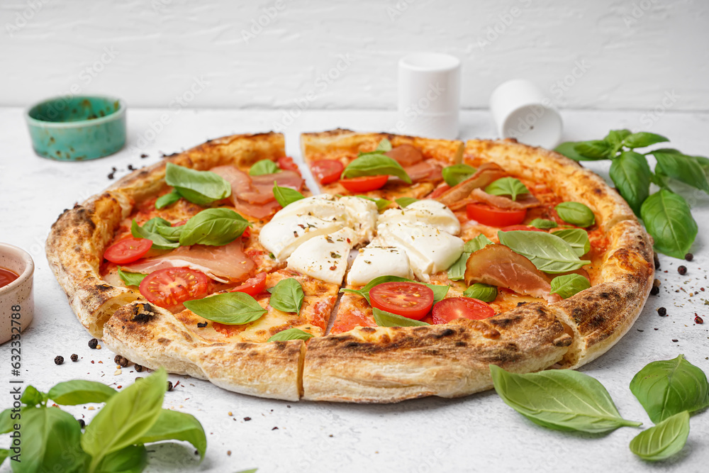 Slices of tasty pizza with Burrata cheese on light background