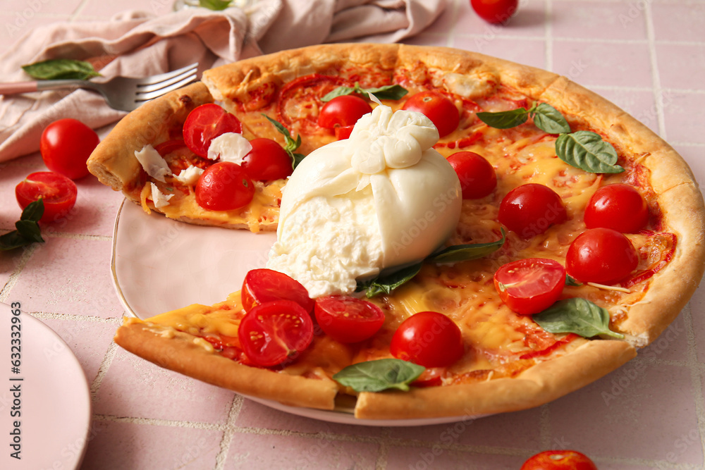 Plate of tasty pizza with Burrata cheese on pink tile