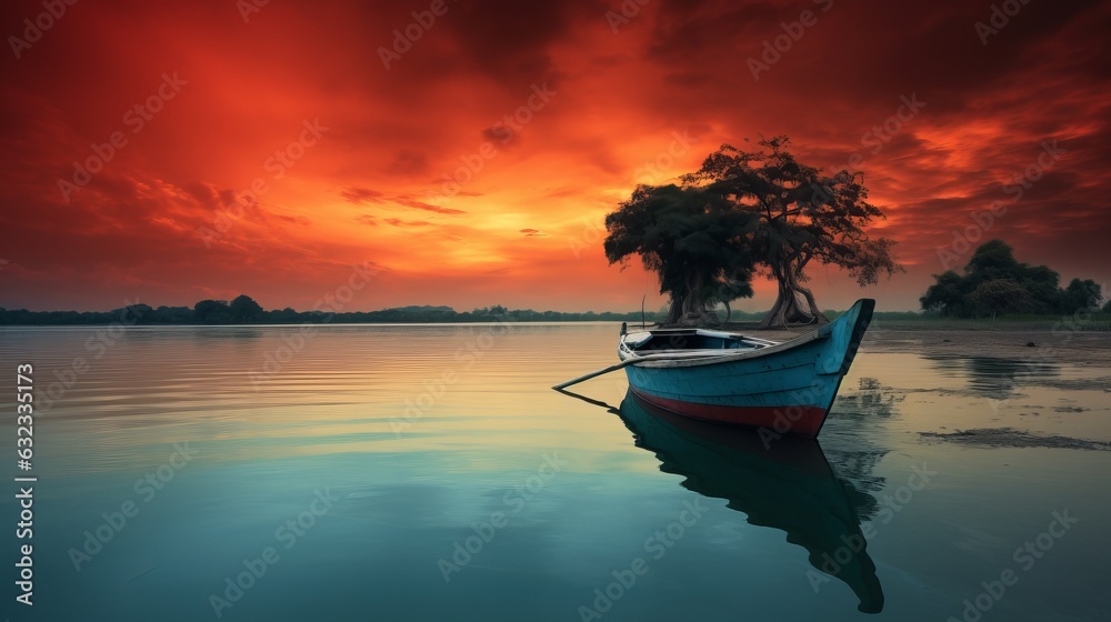 Red sky with an orange boat at the lake