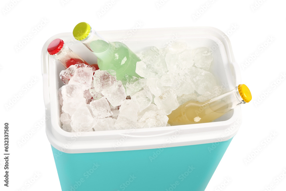 Modern beach cooler with ice cubes and bottles of cold drink on white background