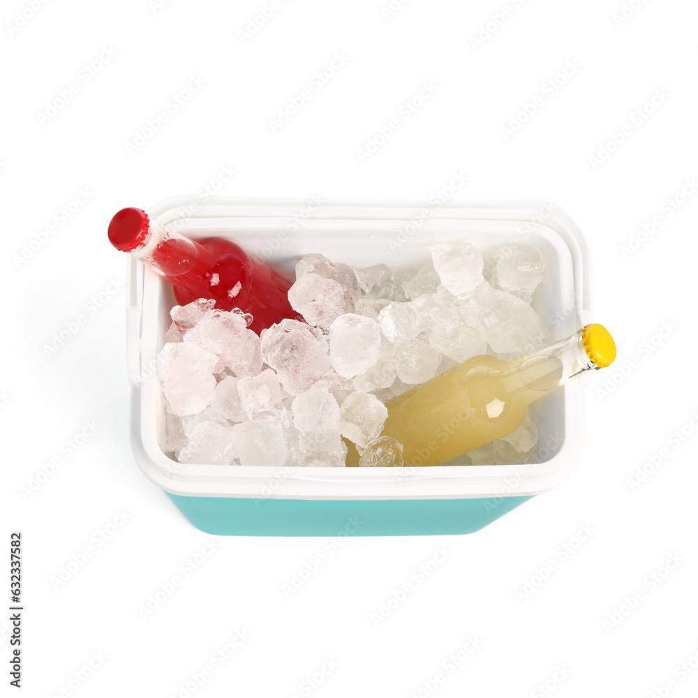 Modern beach cooler with ice cubes and bottles of cold drink on white background