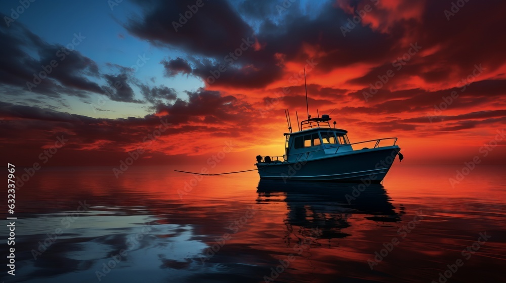 Red sky with an orange boat at the lake