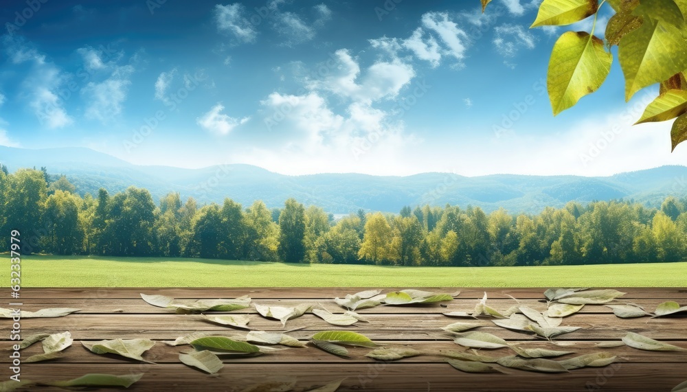 Wooden table covered with leaves over beautiful scenery farmer field background and cloud blue sky.