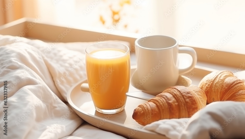 Breakfast tray with orange juice, croissants and milk in the room