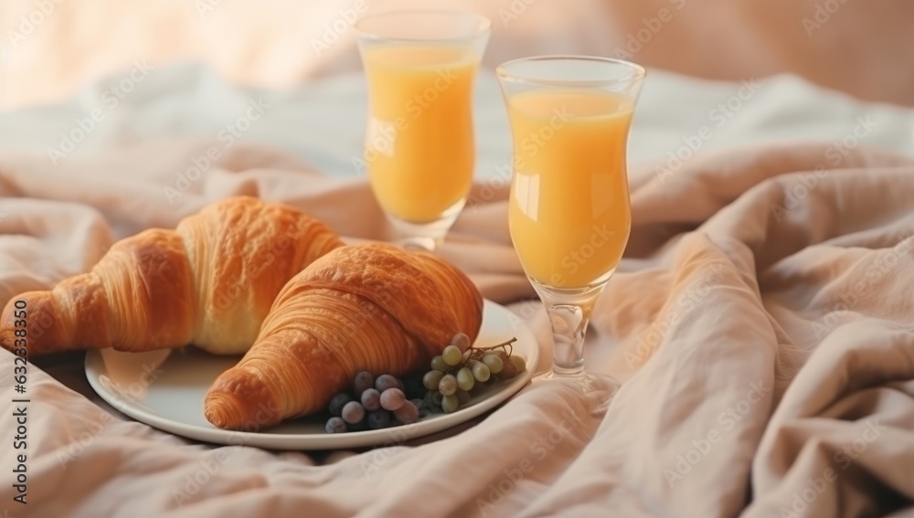 Breakfast tray with orange juice, croissants and milk in the room