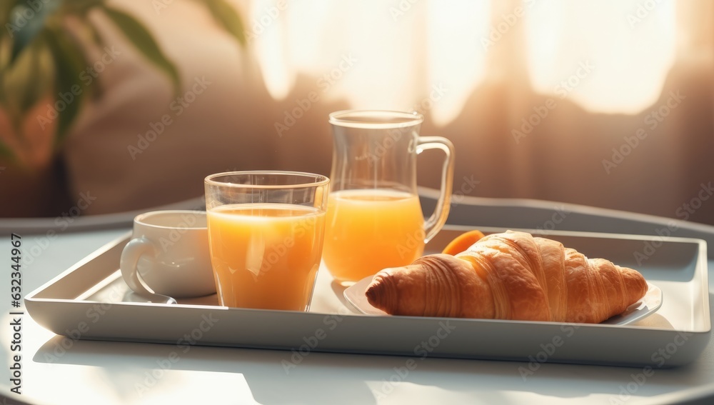 Breakfast tray with orange juice, croissants and milk in the room