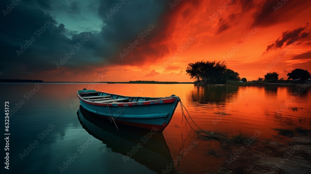 Red sky with an orange boat at the lake